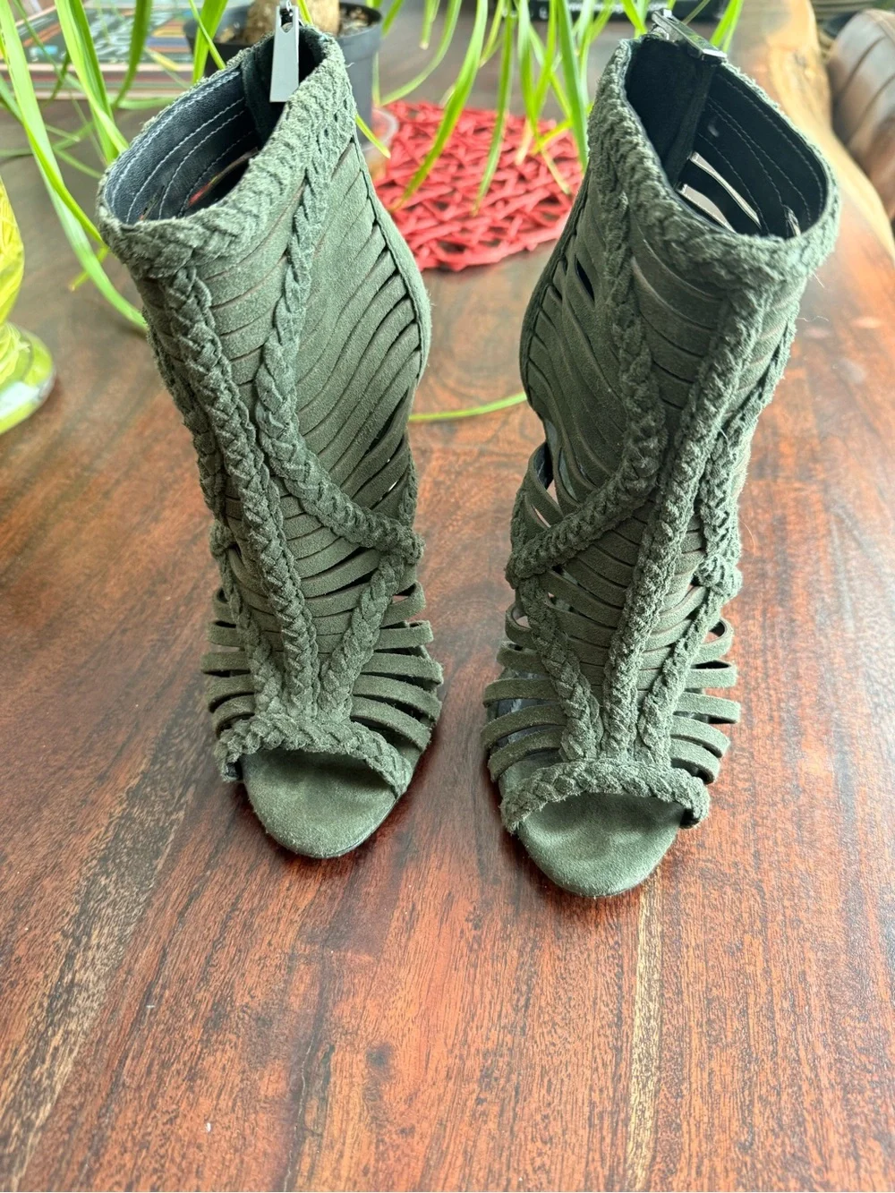 Schutz Olive Green Braided Strappy High Heel Sandals